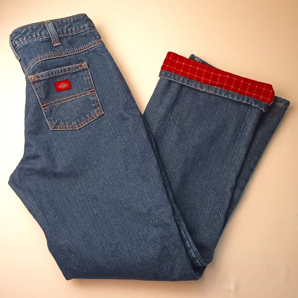 Dickies Women's Blue Straight-Leg Jeans with Red Cuff